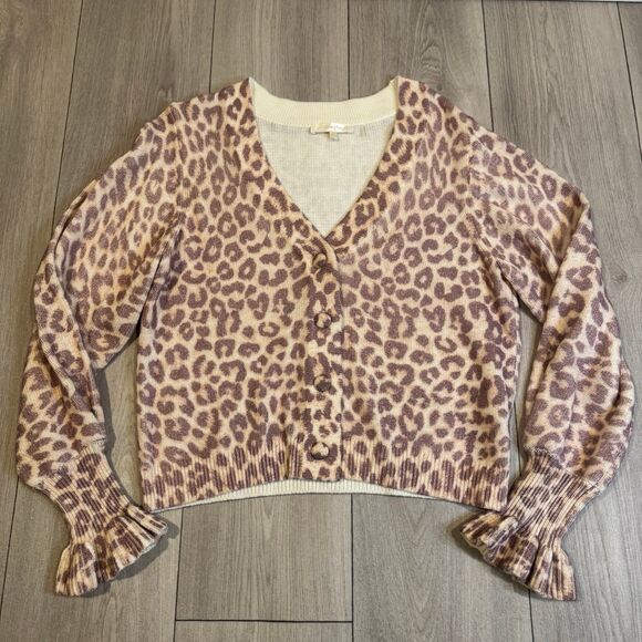 LoveShackFancy BOSCOM CARDIGAN Taupe Skies Cheetah Animal Print Women’s Medium - Picture 3 of 10